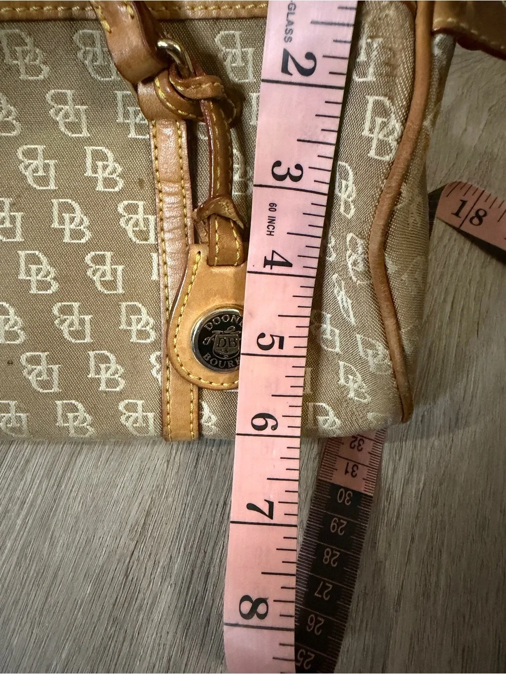 Dooney & Bourke Beige Monogram Shoulder Bag with Tan Leather Trim